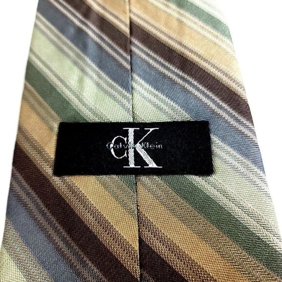 Calvin Klein Green Tan Multi-Colored Woven Striped Silk Tie - Picture 3 of 6